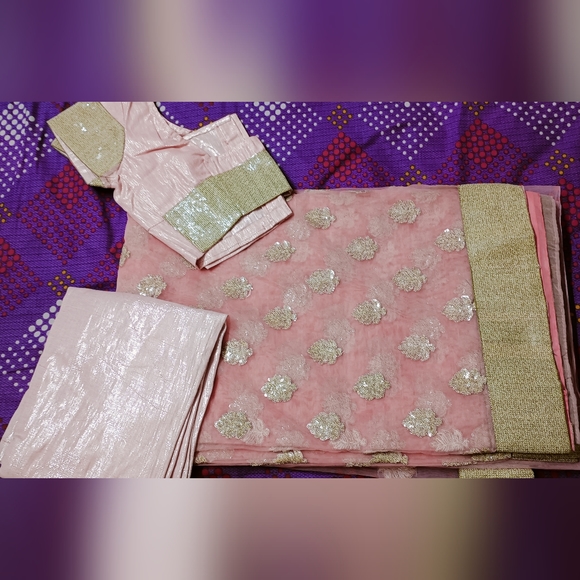 Light Pink Embellished Sequin Net Saree with stitched Blouse and Petticoat - Picture 5 of 12